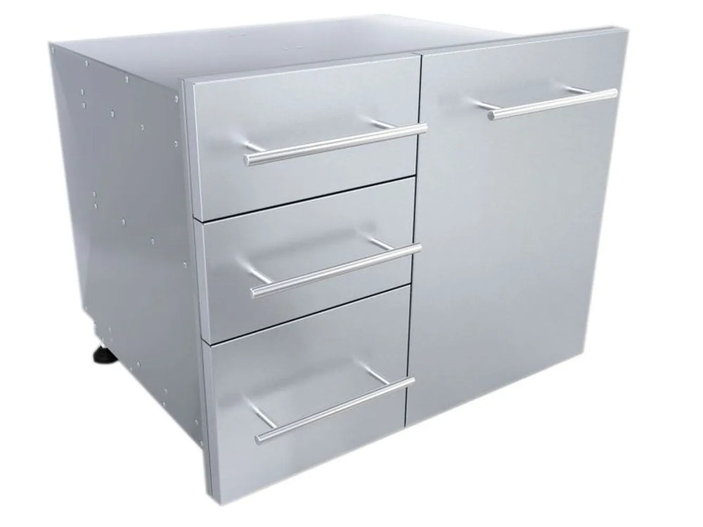 Angled view of Sunstone DE-LPCTD30 stainless outdoor kitchen combo cabinet with three drawers and right-side access door.
