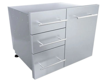 Angled view of Sunstone DE-LPCTD30 stainless outdoor kitchen combo cabinet with three drawers and right-side access door.