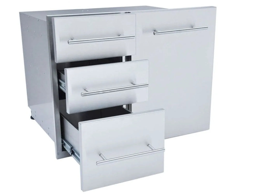 Sunstone DE-LPCTD30 triple drawer cabinet partially open, showing smooth-glide stainless drawers for outdoor kitchen storage.