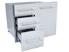 Sunstone DE-LPCTD30 triple drawer cabinet partially open, showing smooth-glide stainless drawers for outdoor kitchen storage.