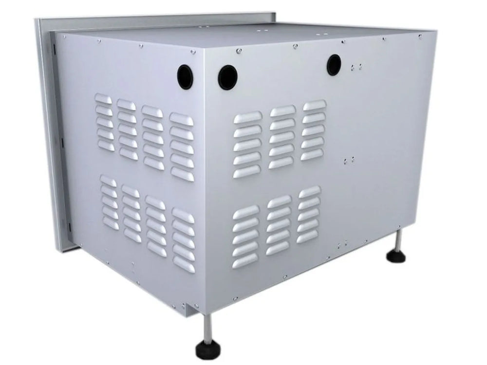 Rear view of Sunstone DE-LPCTD30 stainless cabinet with ventilation louvers and utility access holes for outdoor kitchen installation.