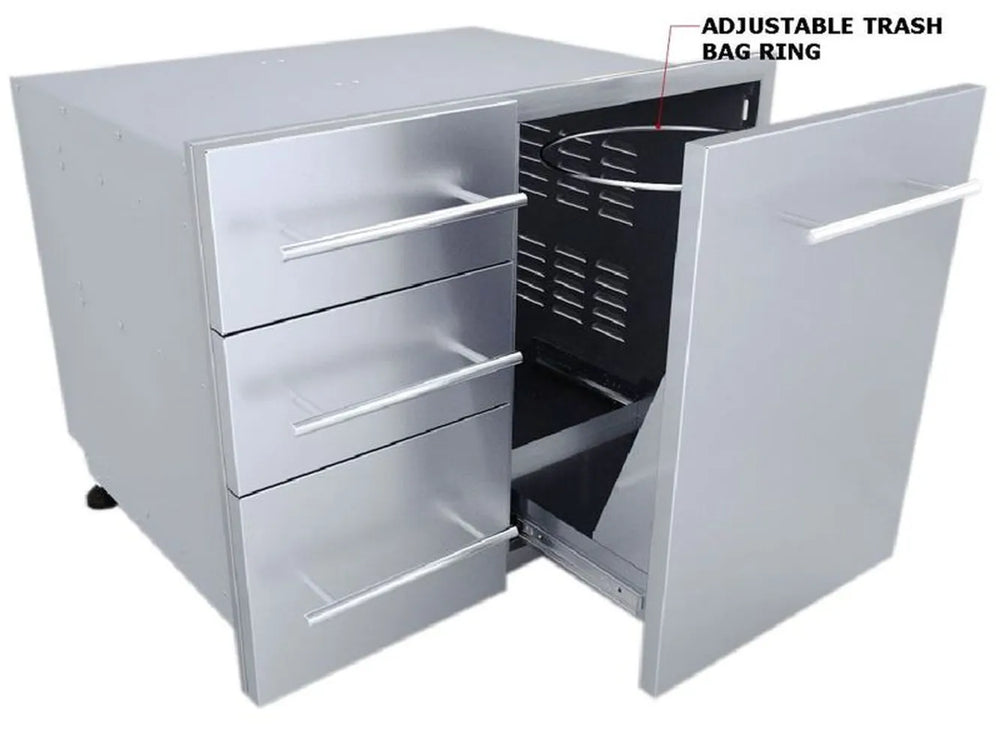 Sunstone DE-LPCTD30 combo cabinet with pull-out trash compartment and adjustable trash bag ring, plus triple drawers.