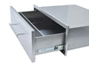An angled side view of the drawer fully extended, highlighting the heavy-duty metal glides for soft-close operation and an internal divider for organization.
