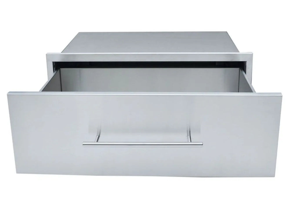 A front-facing view of the drawer pulled partially open, showcasing the deep, single stainless steel storage compartment and the surrounding mounting frame.