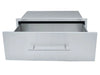 A front-facing view of the drawer pulled partially open, showcasing the deep, single stainless steel storage compartment and the surrounding mounting frame.
