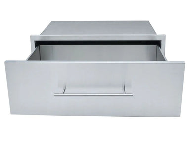 A front-facing view of the drawer pulled partially open, showcasing the deep, single stainless steel storage compartment and the surrounding mounting frame.