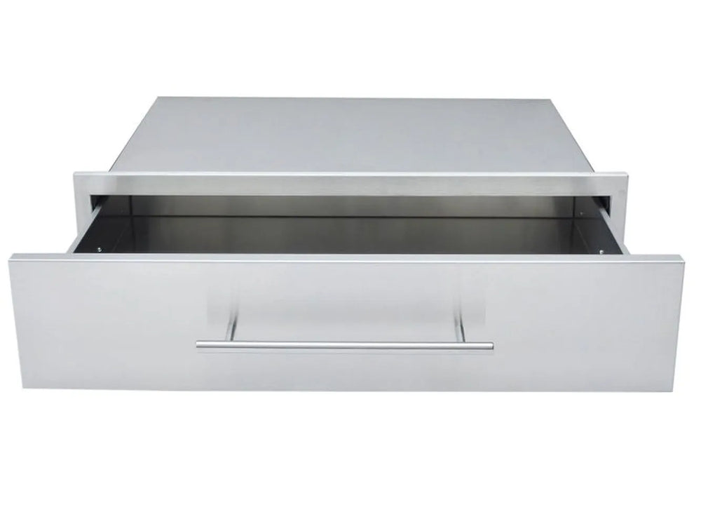 Front-facing view of the drawer pulled partially open, showcasing the deep stainless steel storage space and the surrounding mounting frame.