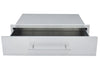 Front-facing view of the drawer pulled partially open, showcasing the deep stainless steel storage space and the surrounding mounting frame.