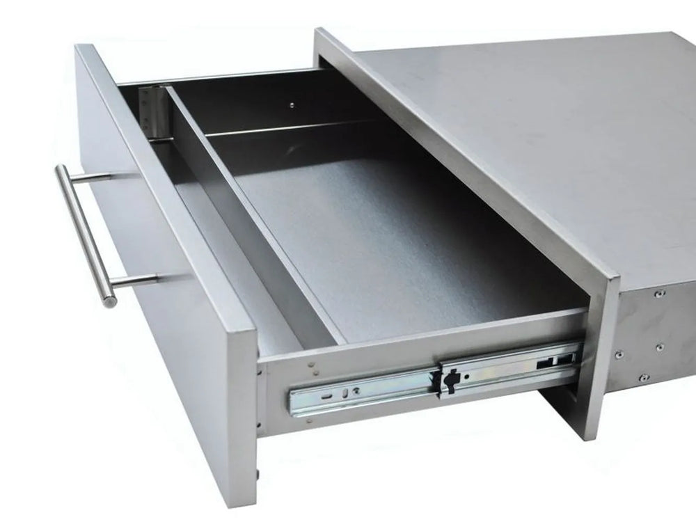 A side-angle view of the drawer fully extended, highlighting the heavy-duty, soft-close metal glides that ensure smooth and quiet operation.