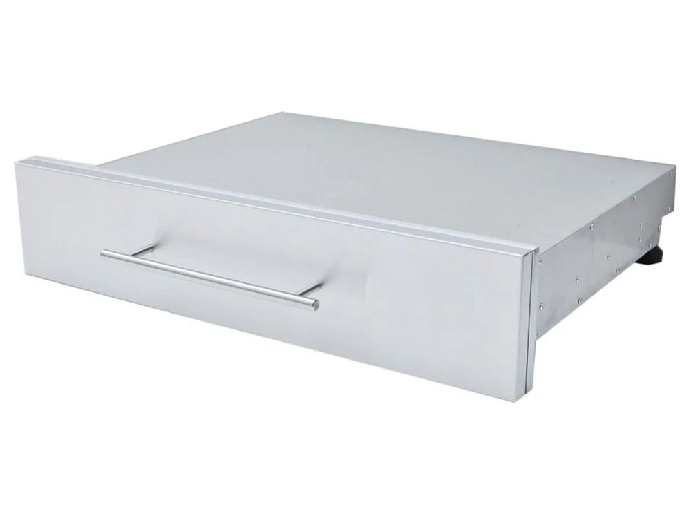 An angled perspective view of the unit closed, illustrating the overall depth of the drawer box and the flush-mount design of the front panel.