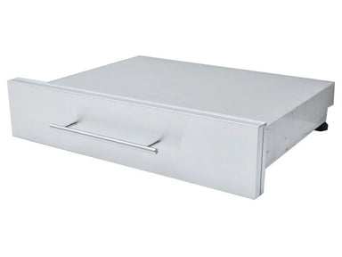 An angled perspective view of the unit closed, illustrating the overall depth of the drawer box and the flush-mount design of the front panel.