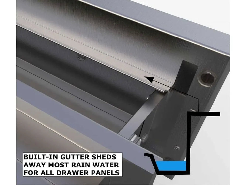 Close-up of Sunstone DE-TD23 built-in rain gutter channel that sheds water away from outdoor kitchen drawer panels.