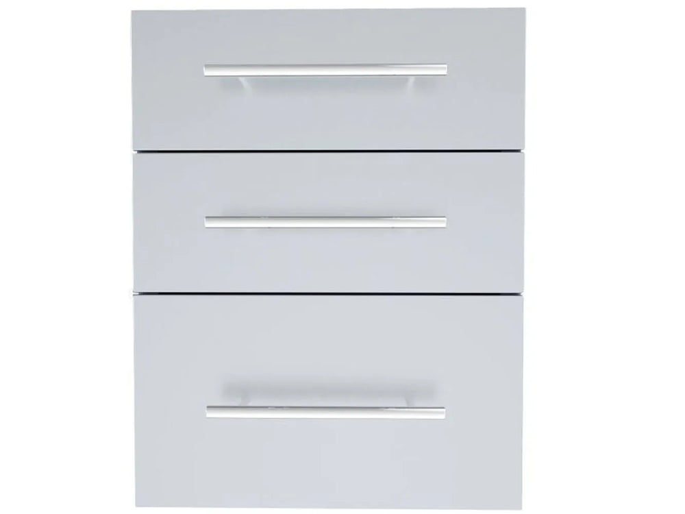 Sunstone DE-TD23 raised triple access drawer, 304 stainless steel outdoor kitchen drawers with three horizontal handles, front view.
