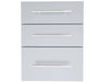 Sunstone DE-TD23 raised triple access drawer, 304 stainless steel outdoor kitchen drawers with three horizontal handles, front view.