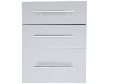 Sunstone DE-TD23 raised triple access drawer, 304 stainless steel outdoor kitchen drawers with three horizontal handles, front view.