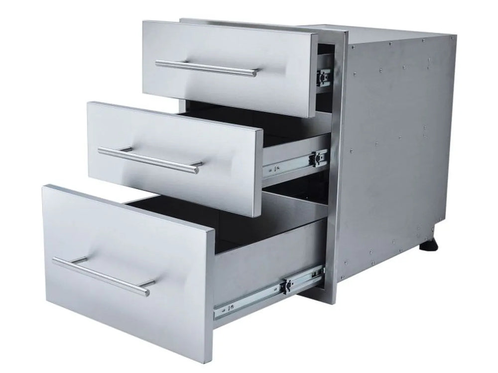 Sunstone DE-TD23 triple access drawer with all three drawers extended on soft-close slides, 304 stainless outdoor kitchen storage.