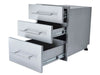 Sunstone DE-TD23 triple access drawer with all three drawers extended on soft-close slides, 304 stainless outdoor kitchen storage.