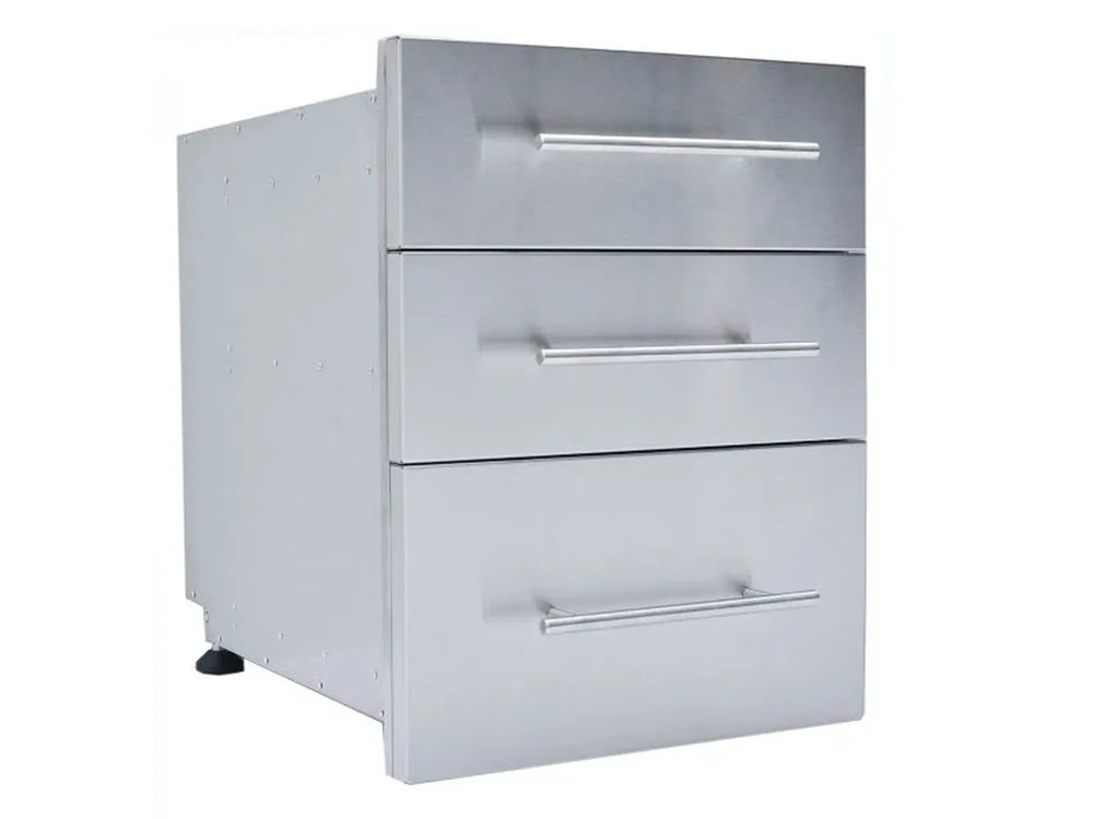 Angled view of Sunstone DE-TD23 stainless triple drawer unit, raised style with three soft-close outdoor kitchen storage drawers.