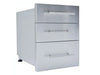 Angled view of Sunstone DE-TD23 stainless triple drawer unit, raised style with three soft-close outdoor kitchen storage drawers.