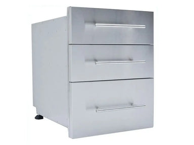 Angled view of Sunstone DE-TD23 stainless triple drawer unit, raised style with three soft-close outdoor kitchen storage drawers.