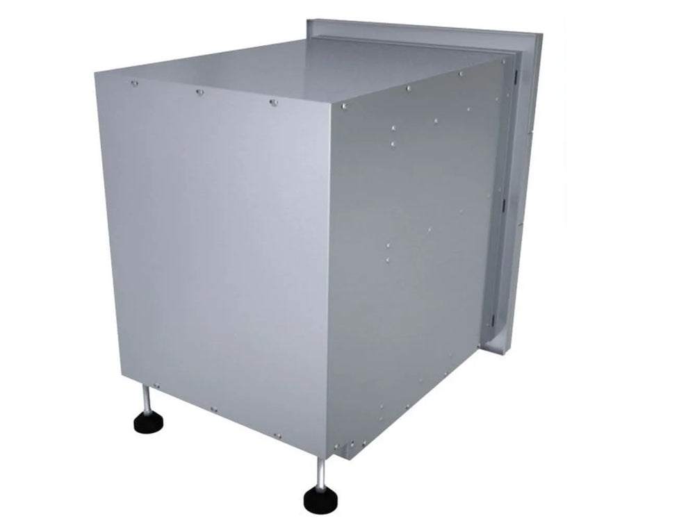 Back view of Sunstone DE-TD23 stainless triple drawer cabinet housing with mounting frame and adjustable leveling feet.