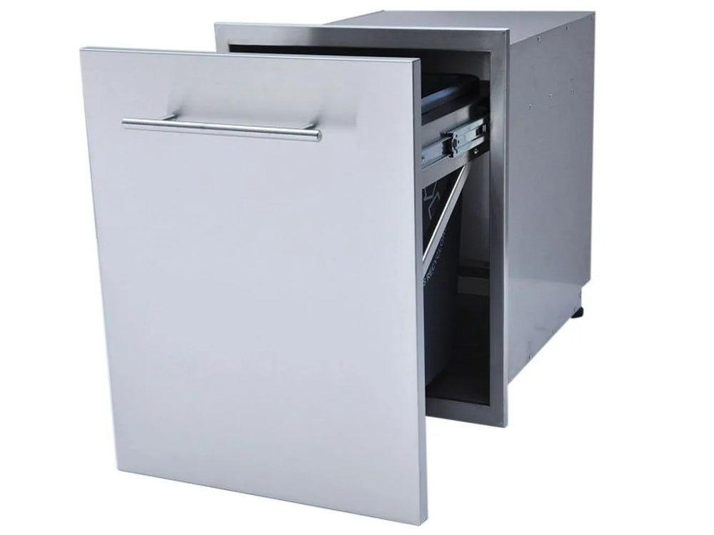 Sunstone DE-TRD18 soft-close trash drawer partially open, showing heavy-duty slide system and hidden waste bin storage.