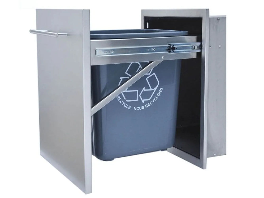 Sunstone DE-TRD18 raised trash drawer pulled out with recycle bin, stainless outdoor kitchen cabinet with soft-close slides.