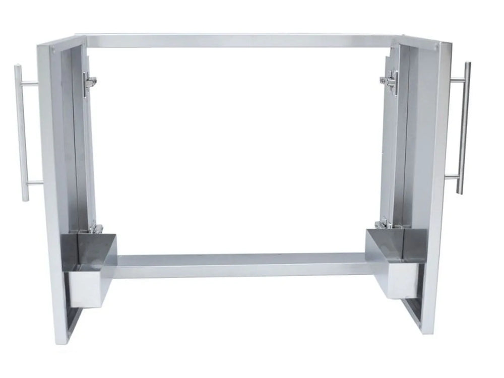 Sunstone DE-DD42 42-inch double access doors open, showing 304 stainless interior storage with shelves and dual handles.