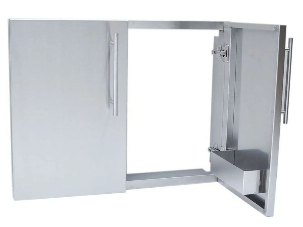 Sunstone DE-DD42 raised double doors with one door open, showing stainless interior frame and built-in shelf area.
