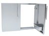Sunstone DE-DD42 raised double doors with one door open, showing stainless interior frame and built-in shelf area.