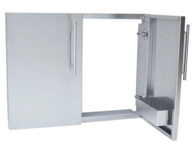 Sunstone DE-DD42 raised double doors with one door open, showing stainless interior frame and built-in shelf area.
