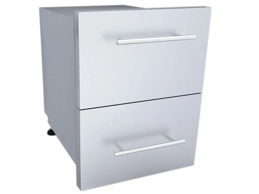 Angled view of Sunstone DE-DPCF23 stainless outdoor kitchen paper towel drawer combo, raised panel fronts with modern handles.