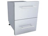 Angled view of Sunstone DE-DPCF23 stainless outdoor kitchen paper towel drawer combo, raised panel fronts with modern handles.