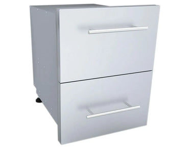 Angled view of Sunstone DE-DPCF23 stainless outdoor kitchen paper towel drawer combo, raised panel fronts with modern handles.