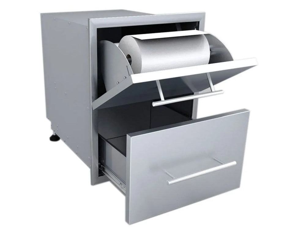 Sunstone DE-DPCF23 paper towel drawer combo open, showing built-in roll holder above a pull-out storage drawer in stainless steel.