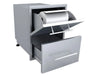 Sunstone DE-DPCF23 paper towel drawer combo open, showing built-in roll holder above a pull-out storage drawer in stainless steel.