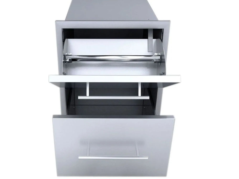 Front view of Sunstone DE-DPCF23 open paper towel dispenser compartment with integrated bar and lower storage drawer for BBQ island.