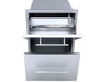 Front view of Sunstone DE-DPCF23 open paper towel dispenser compartment with integrated bar and lower storage drawer for BBQ island.