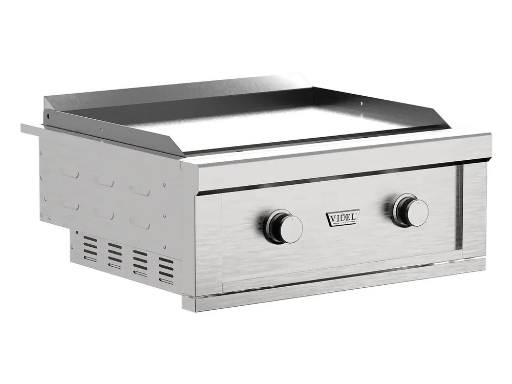 Videl Grills 30-inch built-in stainless steel griddle with dual control knobs for outdoor cooking