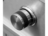 Close-up of stainless steel griddle control knob with textured grip on Videl Grills outdoor appliance