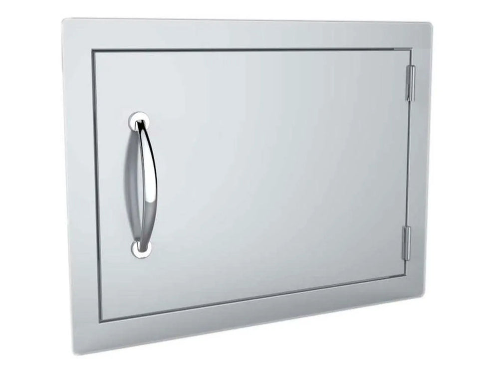 Angled view of Sunstone DH1420 flush stainless access door—reversible hinge design in 304 SS for outdoor kitchen storage and utility access.