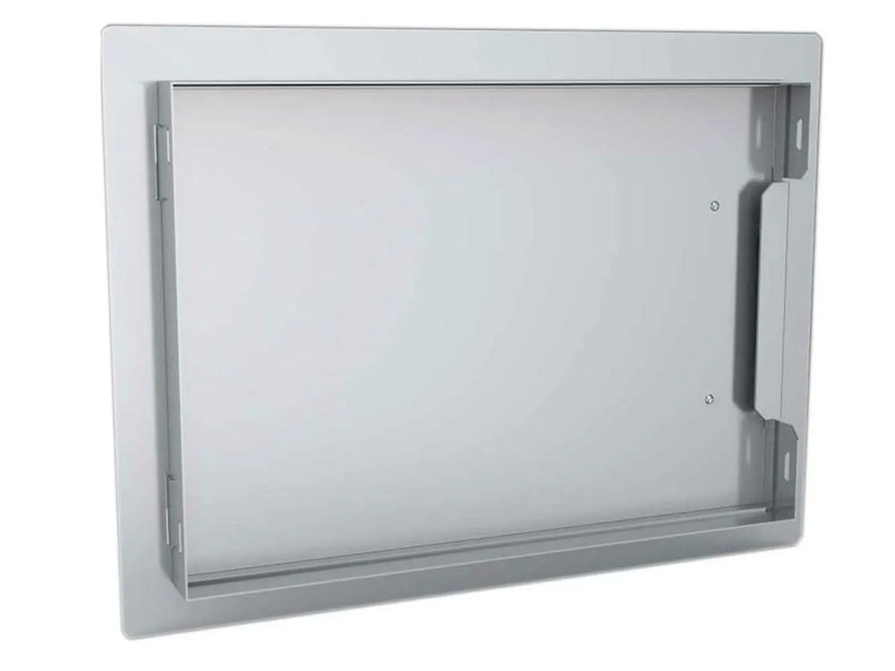 Sunstone DH1420 flush-mount access door frame (door removed) showing stainless mounting flange and interior box for clean outdoor kitchen installation.