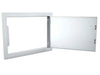 Sunstone DH1420 access door open, reversible hinge flush 304 stainless steel—shows interior frame, hinge hardware, and full access opening for outdoor kitchen utilities.