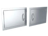 Sunstone DH1420 reversible access door shown in both left-swing and right-swing configurations, flush 304 stainless steel outdoor kitchen access panel.