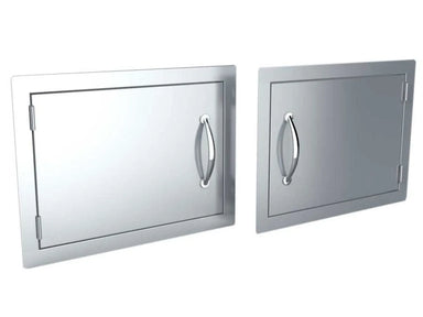 Sunstone DH1420 reversible access door shown in both left-swing and right-swing configurations, flush 304 stainless steel outdoor kitchen access panel.