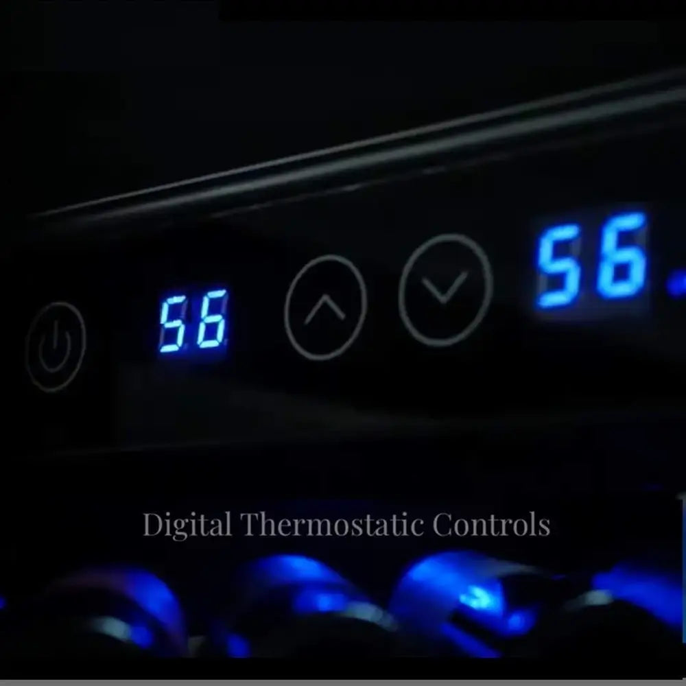 Close-up of the digital thermostatic control system on a KingsBottle wine fridge showing blue LED temperature display.