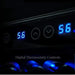 Close-up of the digital thermostatic control system on a KingsBottle wine fridge showing blue LED temperature display.