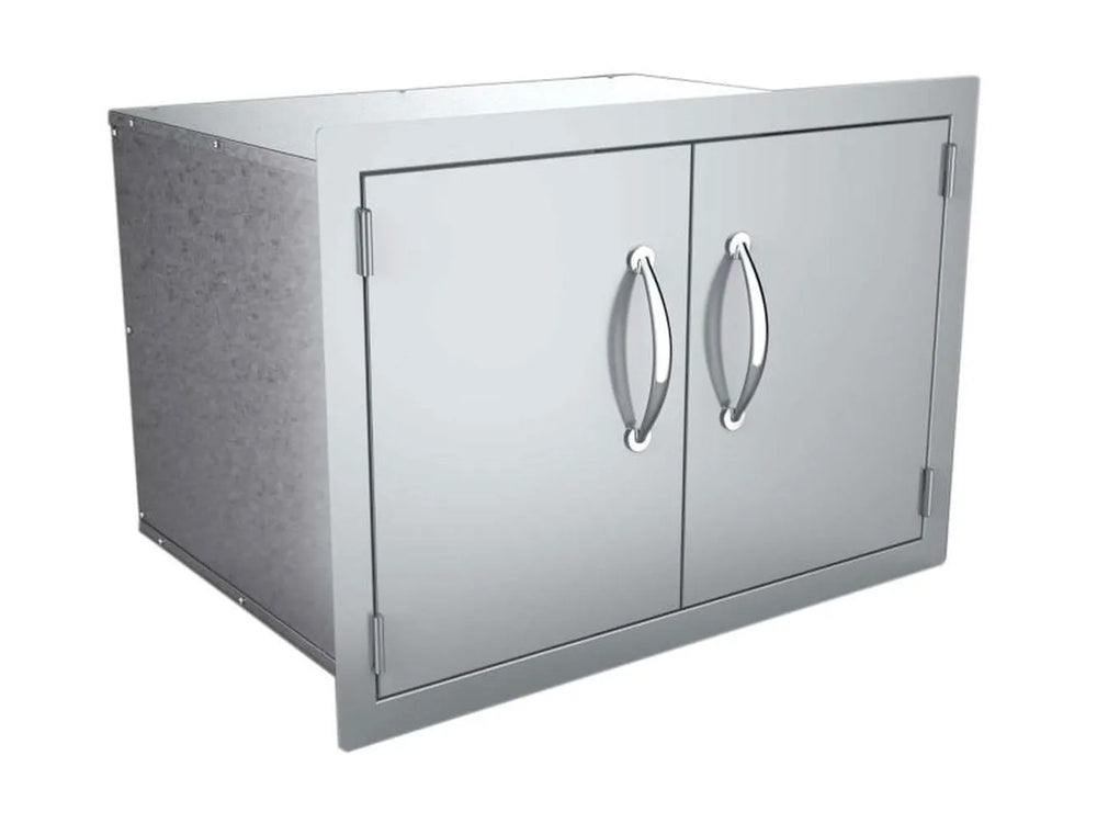 Perspective shot of the same double-door pantry showing the flush trim and side of the enclosure.