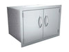 Perspective shot of the same double-door pantry showing the flush trim and side of the enclosure.