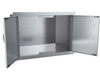 Both doors open showing the large interior cavity (dry storage space) and inner door panels.